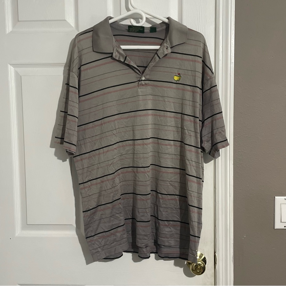 The Masters Amen Corner Men's Pima Cotton Polo Shirt Gray Red Striped Size L